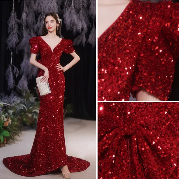 Scintillantes Bordeaux Perlage Paillettes Robe De Soirée 2021 Trompette / Sirène V-Cou Manches Courtes Dos Nu Noeud Train De Balayage Robe De Ceremonie