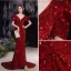 Scintillantes Bordeaux Perlage Paillettes Robe De Soirée 2021 Trompette / Sirène V-Cou Manches Courtes Dos Nu Noeud Train De Balayage Robe De Ceremonie