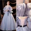 Chic Bleu Ciel Robe De Bal 2021 Princesse Bretelles Spaghetti Perle En Dentelle Fleur Appliques Volants Manches Courtes Ceinture Noeud Longue Dos Nu Robe De Ceremonie