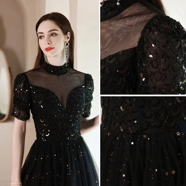 Charmant Noire Perlage Paillettes Robe De Bal 2021 Princesse Col Haut Manches Courtes Dos Nu Longue Robe De Ceremonie
