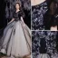 Élégant Noire Robe De Bal 2021 Princesse Encolure Dégagée Paillettes En Dentelle Fleur Manches Courtes Dos Nu Longue Robe De Ceremonie