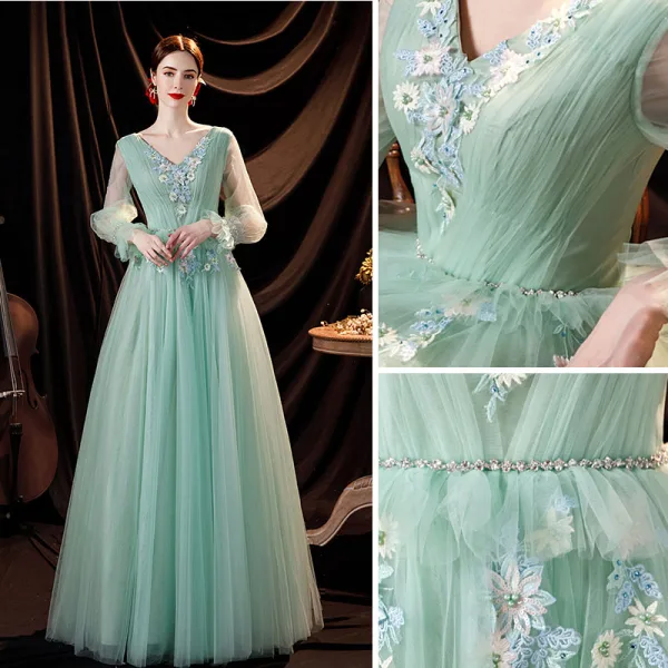 Chic / Beautiful Mint Green Prom Dresses 2021 A-Line / Princess V-Neck Bell sleeves Backless Pearl Sequins Lace Flower Floor-Length / Long Formal Dresses