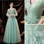 Chic / Beautiful Mint Green Prom Dresses 2021 A-Line / Princess V-Neck Bell sleeves Backless Pearl Sequins Lace Flower Floor-Length / Long Formal Dresses