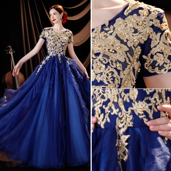 Élégant Bleu Roi Robe De Bal 2021 Princesse Encolure Dégagée Perlage En Dentelle Fleur Manches Courtes Dos Nu Longue Robe De Ceremonie