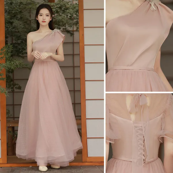 Modest / Simple Dusky Pink Bridesmaid Dresses 2021 A-Line / Princess Short Sleeve Floor-Length / Long Wedding Party Dresses