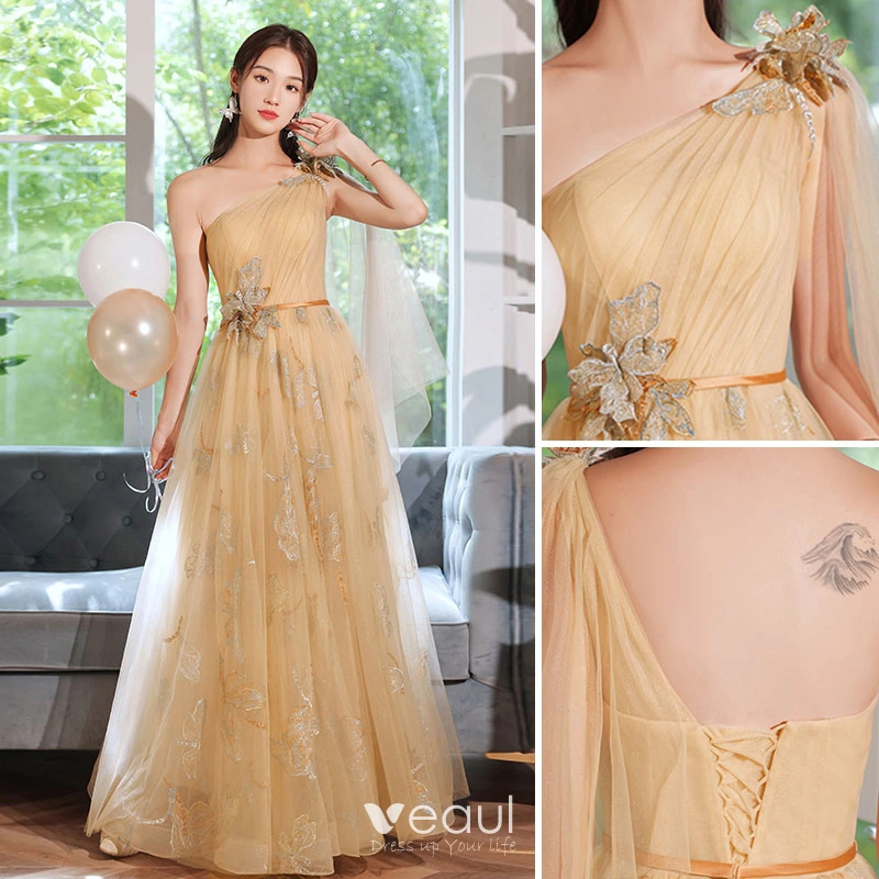 Chic Beautiful Yellow Lace Flower Bridesmaid Dresses 2021 A Line Princess Short Sleeve Sash Backless Floor