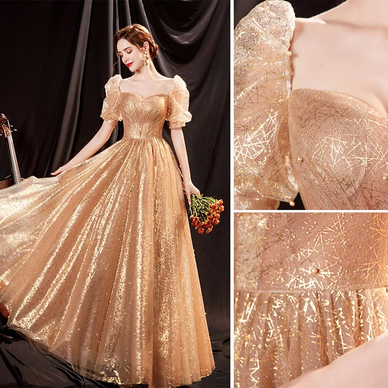 A-line Pearl Square Neck Long Sleeve Slit Dress Gold