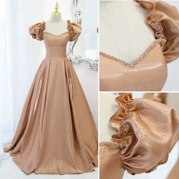 Élégant Champagne Robe De Bal Princesse 2021 Encolure Carrée Volants Manches Courtes Dos Nu Longue Robe De Ceremonie