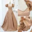 Élégant Champagne Robe De Bal Princesse 2021 Encolure Carrée Volants Manches Courtes Dos Nu Longue Robe De Ceremonie