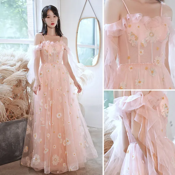 Blumenfee Rosa Pailletten Brautjungfernkleider 2021 A Linie Kurze Ärmel Rückenfreies Lange Kleider Für Hochzeit