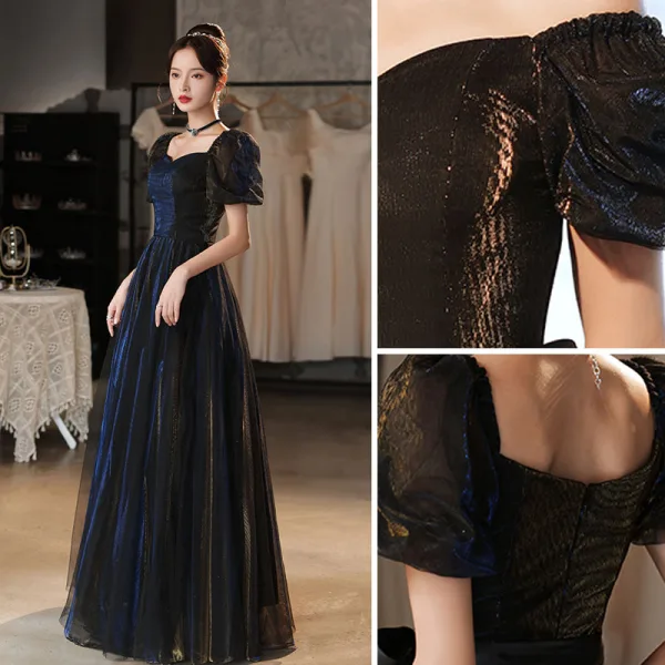 Charming Black Evening Dresses 2021 A-Line / Princess Square Neckline Puffy Short Sleeve Backless Floor-Length / Long Evening Party Formal Dresses