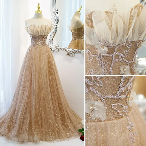 Glitzernden Champagner Pailletten Ballkleider A Linie 2021 Bandeau Ärmellos Perlenstickerei Applikationen Rückenfreies Lange Ball Festliche Kleider