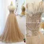 Glitzernden Champagner Pailletten Ballkleider A Linie 2021 Bandeau Ärmellos Perlenstickerei Applikationen Rückenfreies Lange Ball Festliche Kleider