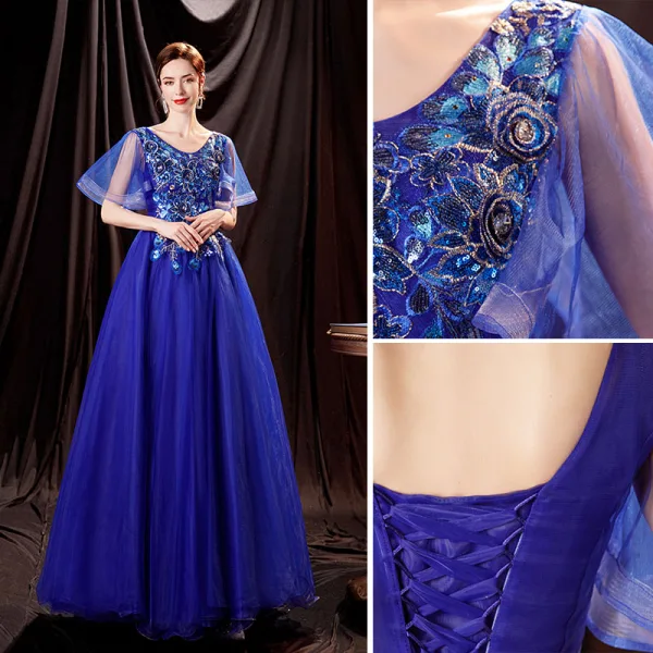 Élégant Bleu Roi Robe De Bal 2021 Princesse V-Cou Manches Courtes Dos Nu Perlage Paillettes En Dentelle Fleur Longue Robe De Ceremonie