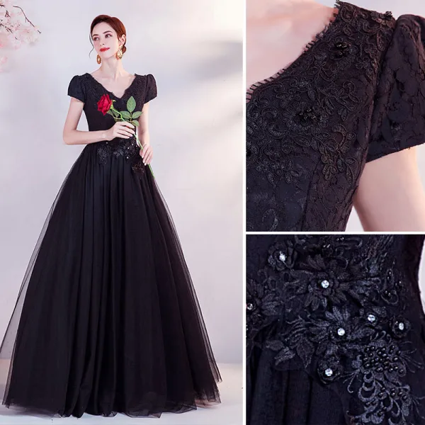 Elegant Black Prom Dresses 2021 A-Line / Princess V-Neck Beading Rhinestone Lace Flower Short Sleeve Backless Floor-Length / Long Formal Dresses