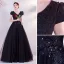 Elegant Black Prom Dresses 2021 A-Line / Princess V-Neck Beading Rhinestone Lace Flower Short Sleeve Backless Floor-Length / Long Formal Dresses