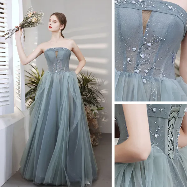 Modest / Simple Sky Blue Beading Prom Dresses 2021 A-Line / Princess Strapless Sleeveless Backless Floor-Length / Long Formal Dresses