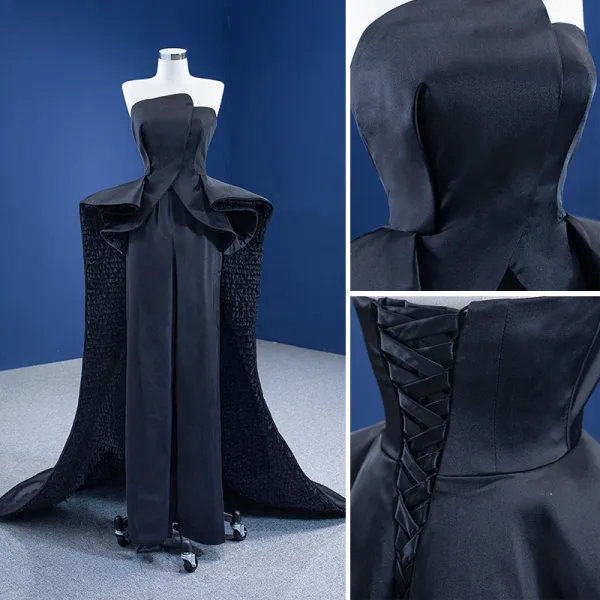 Inhabituel Noire Soirée Combinaison 2021 Bustier Sans Manches Dos Nu Volants en Cascade Train De Balayage Robe De Soirée