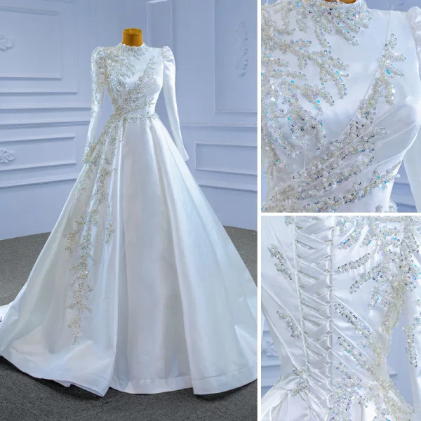 High-end Elegant Ivory Satin Wedding Dresses 2021 A-Line / Princess High Neck Beading Pearl Sequins Long Sleeve Sweep Train Wedding