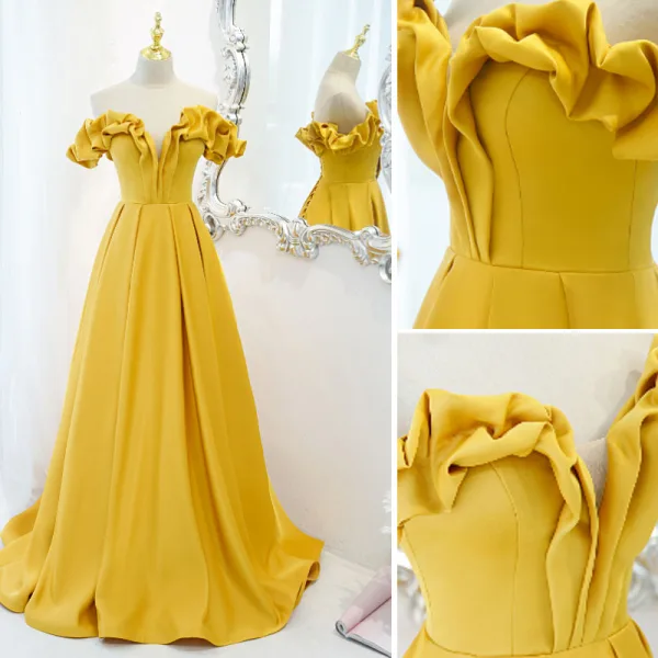 yellow homecoming dresses 2021 Short Sexy Yellow Homecoming Dress, Satin A-Line Knee-Length Homecomin –  Dairy Bridal main image 1