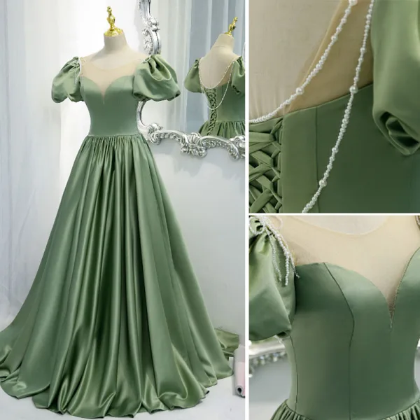 Eleganta Sage Grön Satin Balklänningar 2021 Prinsessa Urringning Beading Pösigt Korta ärm Halterneck Långa Formella Klänningar