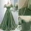 Eleganta Sage Grön Satin Balklänningar 2021 Prinsessa Urringning Beading Pösigt Korta ärm Halterneck Långa Formella Klänningar