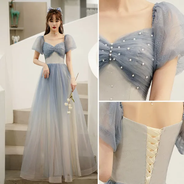 Affordable Sky Blue Gradient-Color Glitter Prom Dresses 2021 A-Line / Princess Square Neckline Pearl Puffy Short Sleeve Backless Floor-Length / Long Formal Dresses