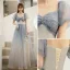 Affordable Sky Blue Gradient-Color Glitter Prom Dresses 2021 A-Line / Princess Square Neckline Pearl Puffy Short Sleeve Backless Floor-Length / Long Formal Dresses