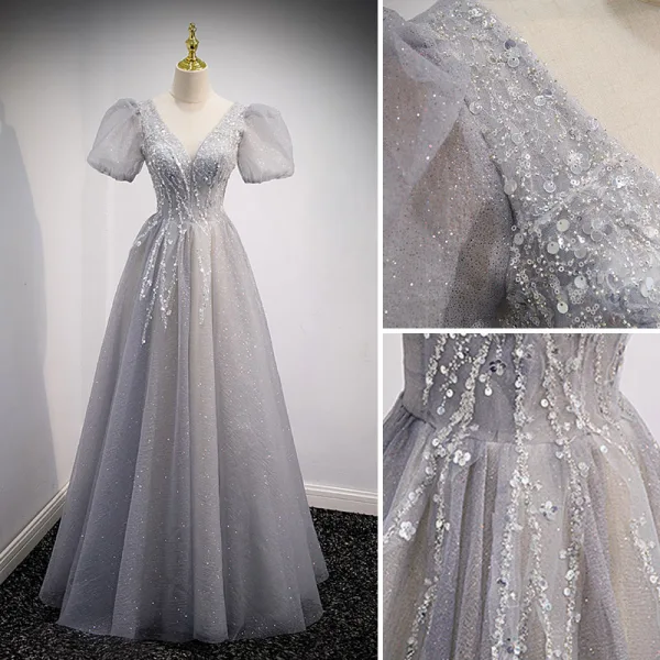 Charming Grey Prom Dresses 2021 A-Line / Princess V-Neck Beading Sequins Puffy Short Sleeve Backless Floor-Length / Long Formal Dresses