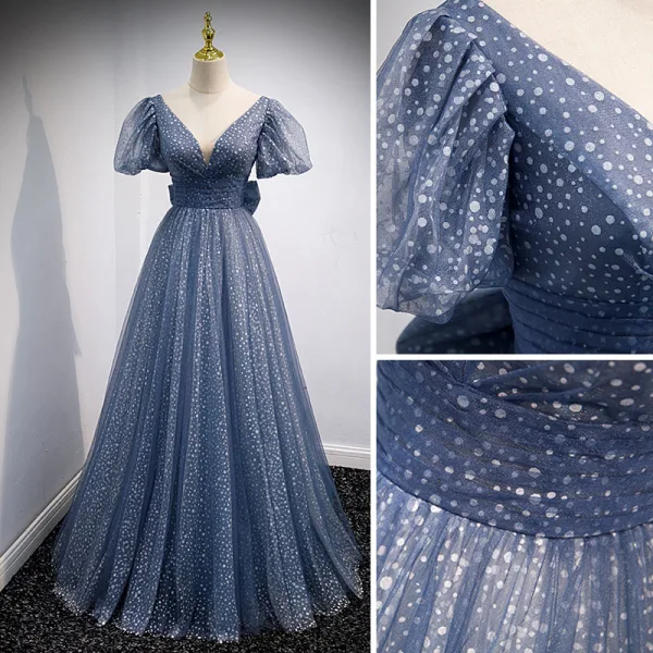 Charming Ocean Blue Spotted Prom Dresses 2021 A-Line / Princess V-Neck Puffy Short Sleeve Backless Bow Floor-Length / Long Prom Formal Dresses