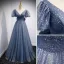 Charming Ocean Blue Spotted Prom Dresses 2021 A-Line / Princess V-Neck Puffy Short Sleeve Backless Bow Floor-Length / Long Prom Formal Dresses