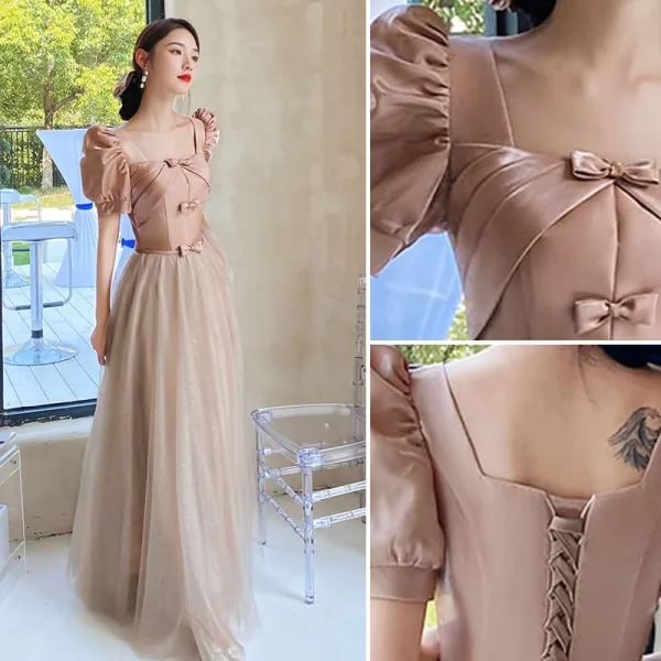 Chic / Beautiful Blushing Pink Bridesmaid Dresses 2021 A-Line / Princess Bow Sash Rhinestone Short Sleeve Backless Floor-Length / Long Wedding Party Dresses