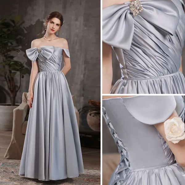 Élégant Bleu Ciel Satin Robe De Bal 2021 Princesse De l'épaule Perle Noeud Sans Manches Dos Nu Longue Robe De Ceremonie