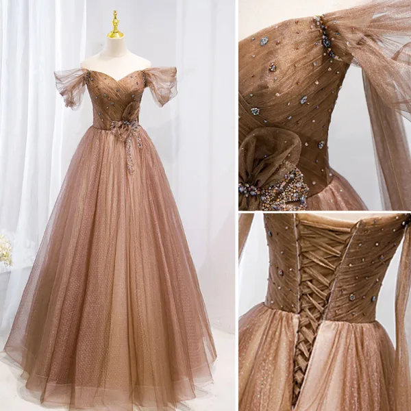 Schöne Champagner Ballkleider 2021 A Linie Off Shoulder Perlenstickerei Pailletten Strass Ärmellos Rückenfreies Lange Festliche Kleider