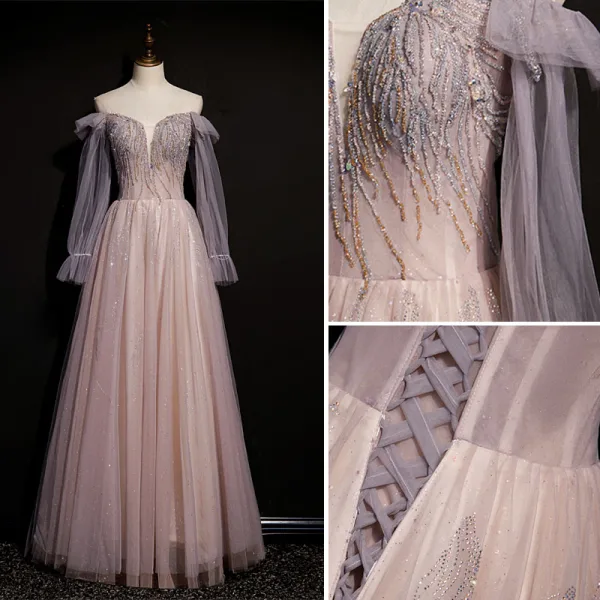 Chic / Beautiful Dusky Pink Prom Dresses 2021 A-Line / Princess Off-The-Shoulder Beading Rhinestone Sequins Long Sleeve Backless Floor-Length / Long Formal Dresses