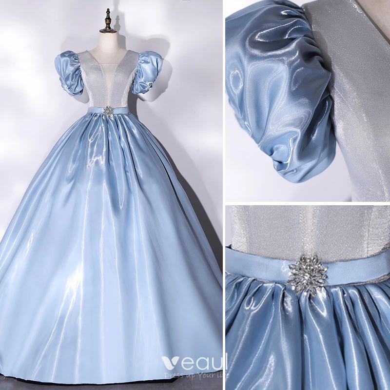 Cinderella Fashion Sky Blue Prom Dresses 2021 Ball Gown Satin V-Neck ...