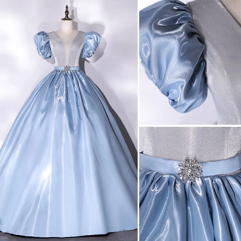 Cinderella Fashion Sky Blue Prom Dresses 2021 Ball Gown Satin V-Neck Ruffle Short Sleeve Cinderella Fashion Sky Blue Prom Dresses 2021 Ball Gown Satin V-Neck Ruffle Short Sleeve