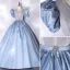 Cendrillon Mode Bleu Ciel Robe De Bal 2021 Robe Boule Satin V-Cou Volants Manches Courtes Cristal Ceinture Dos Nu Longue Robe De Ceremonie