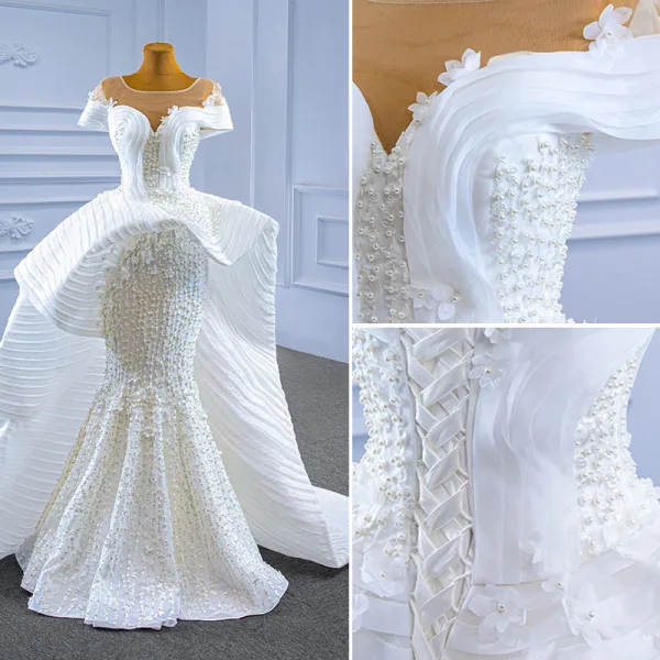 High-end Charming White Wedding Dresses 2021 Trumpet / Mermaid U-Neck Beading Pearl Appliques Short Sleeve Backless Court Train Wedding
