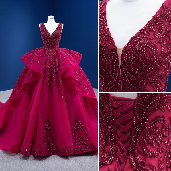 Elegant Burgundy Wedding Dresses 2021 Ball Gown Beading Pearl Sequins V-Neck Sleeveless Backless Cascading Ruffles Cathedral Train Wedding