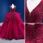 Elegant Burgundy Wedding Dresses 2021 Ball Gown Beading Pearl Sequins V-Neck Sleeveless Backless Cascading Ruffles Cathedral Train Wedding