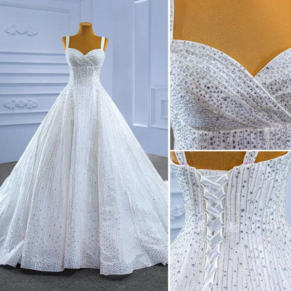 High-end White Glitter Wedding Dresses 2021 Ball Gown Sleeveless Sequins Rhinestone Spaghetti Straps Cathedral Train Wedding
