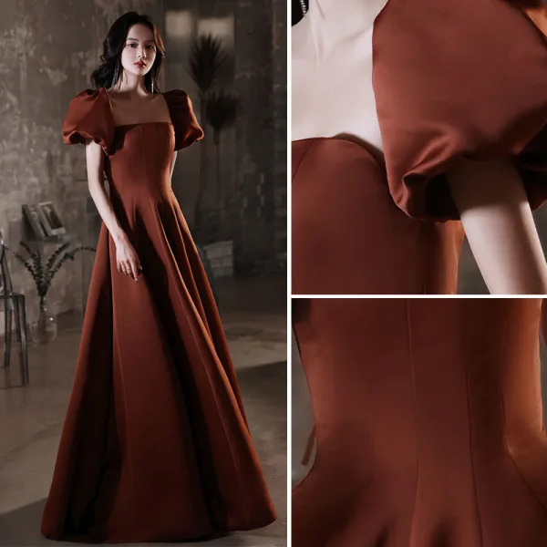 Elegant Coffee Satin Prom Dresses 2021 A-Line / Princess Square Neckline Puffy Short Sleeve Backless Floor-Length / Long Prom Formal Dresses
