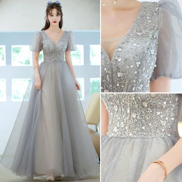 Élégant Gris Perlage Paillettes Robe De Bal 2021 Princesse V-Cou Manches Courtes Dos Nu Promo Longue Robe De Ceremonie