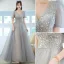 Élégant Gris Perlage Paillettes Robe De Bal 2021 Princesse V-Cou Manches Courtes Dos Nu Promo Longue Robe De Ceremonie