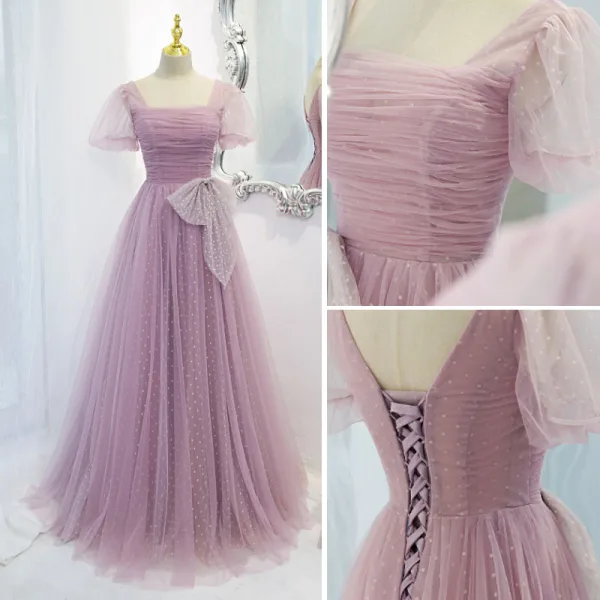 Chic / Beautiful Lilac Ruffle Spotted Prom Dresses 2021 A-Line / Princess Square Neckline Bow Short Sleeve Floor-Length / Long Formal Dresses