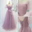 Chic / Beautiful Lilac Ruffle Spotted Prom Dresses 2021 A-Line / Princess Square Neckline Bow Short Sleeve Floor-Length / Long Formal Dresses