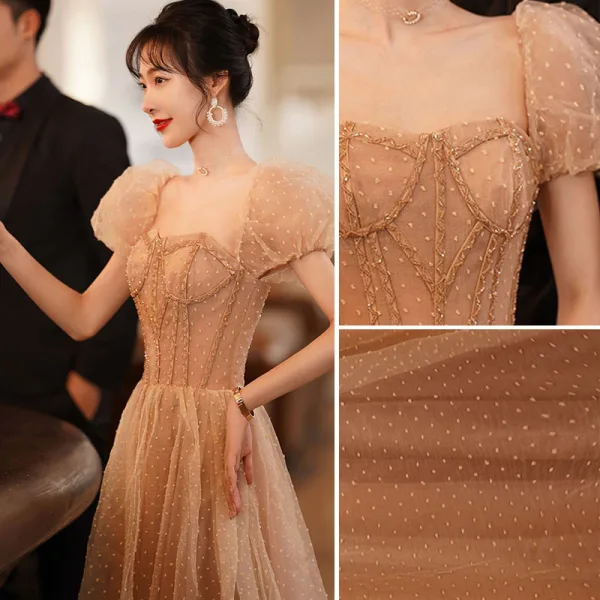 Elegante Champagner Ballkleider 2021 A Linie Eckiger Ausschnitt Perlenstickerei Geschwollenes Kurze Ärmel Rückenfreies Lange Festliche Kleider