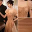 Elegante Champagner Ballkleider 2021 A Linie Eckiger Ausschnitt Perlenstickerei Geschwollenes Kurze Ärmel Rückenfreies Lange Festliche Kleider