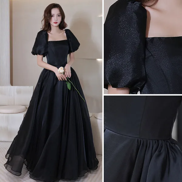 Elegant Black Prom Dresses 2021 A-Line / Princess Square Neckline Puffy Short Sleeve Backless Floor-Length / Long Prom Formal Dresses